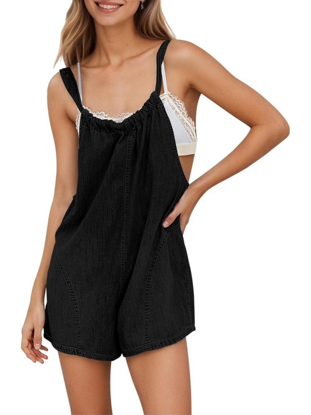 Women's Black Summer Denim Overall Shorts Casual Loose Tie Back Jean Romper